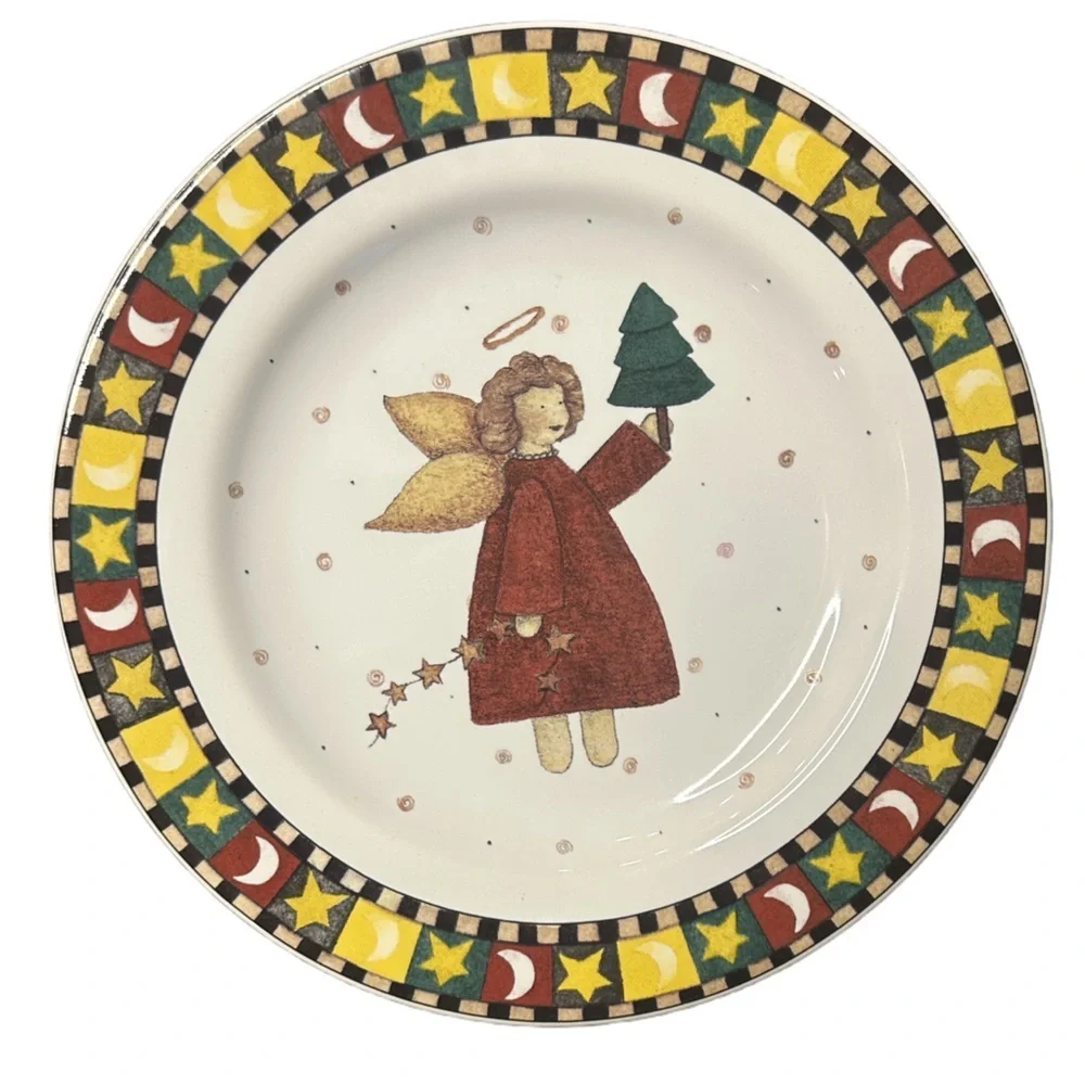 VTG Debbie Mumm whimsical country primitive Xmas angels 4 piece plates set NEW - Picture 2 of 10